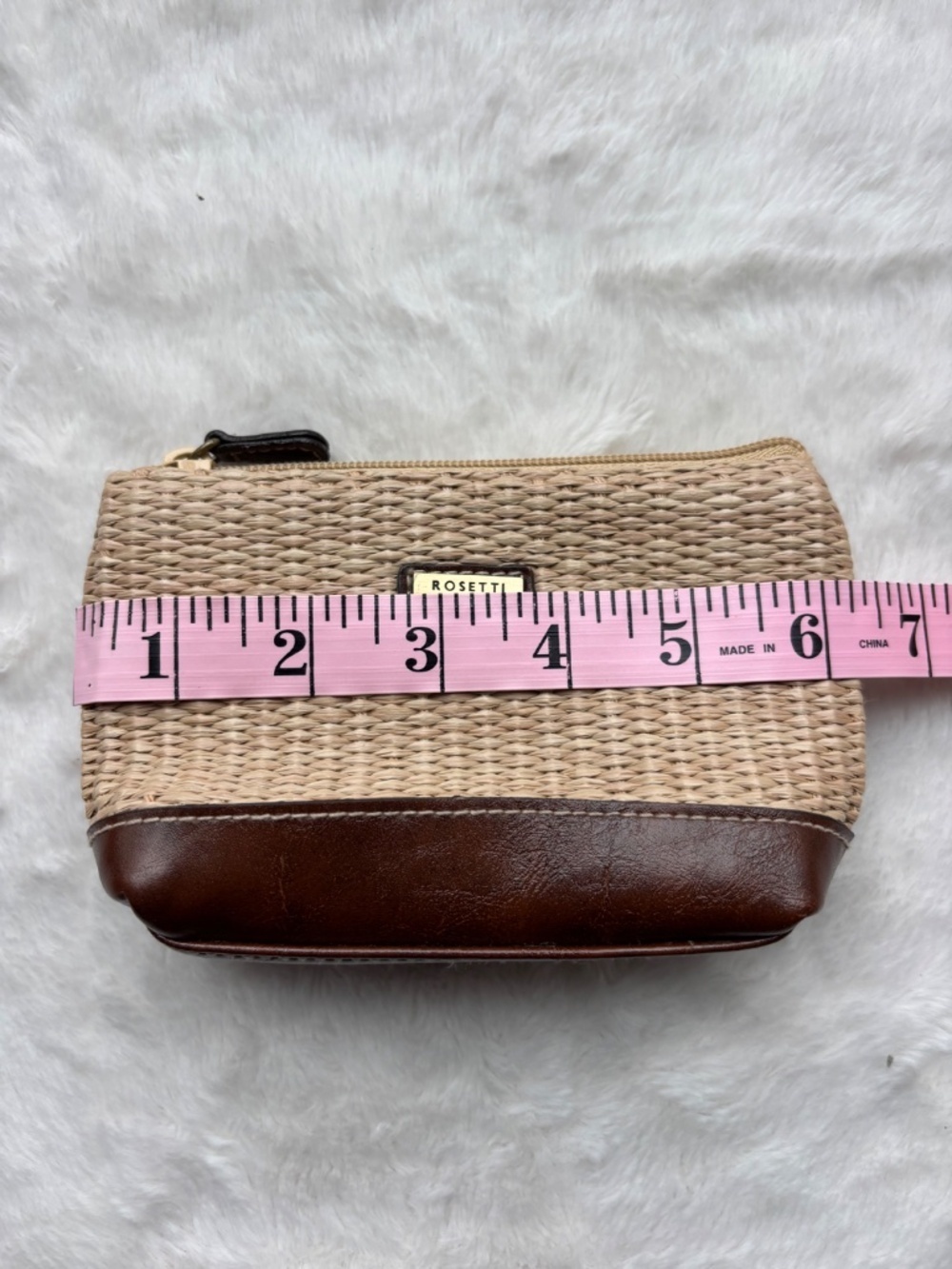 Rosetti Woven Straw & Brown Faux Leather Mini Pouch Coin Purse - Picture 6 of 10